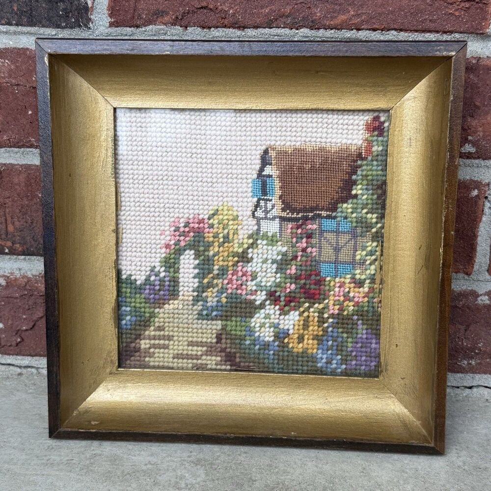 Vtg Framed Needlepoint Pathway Flowers Picture Embroidered Gold & Wood Frame